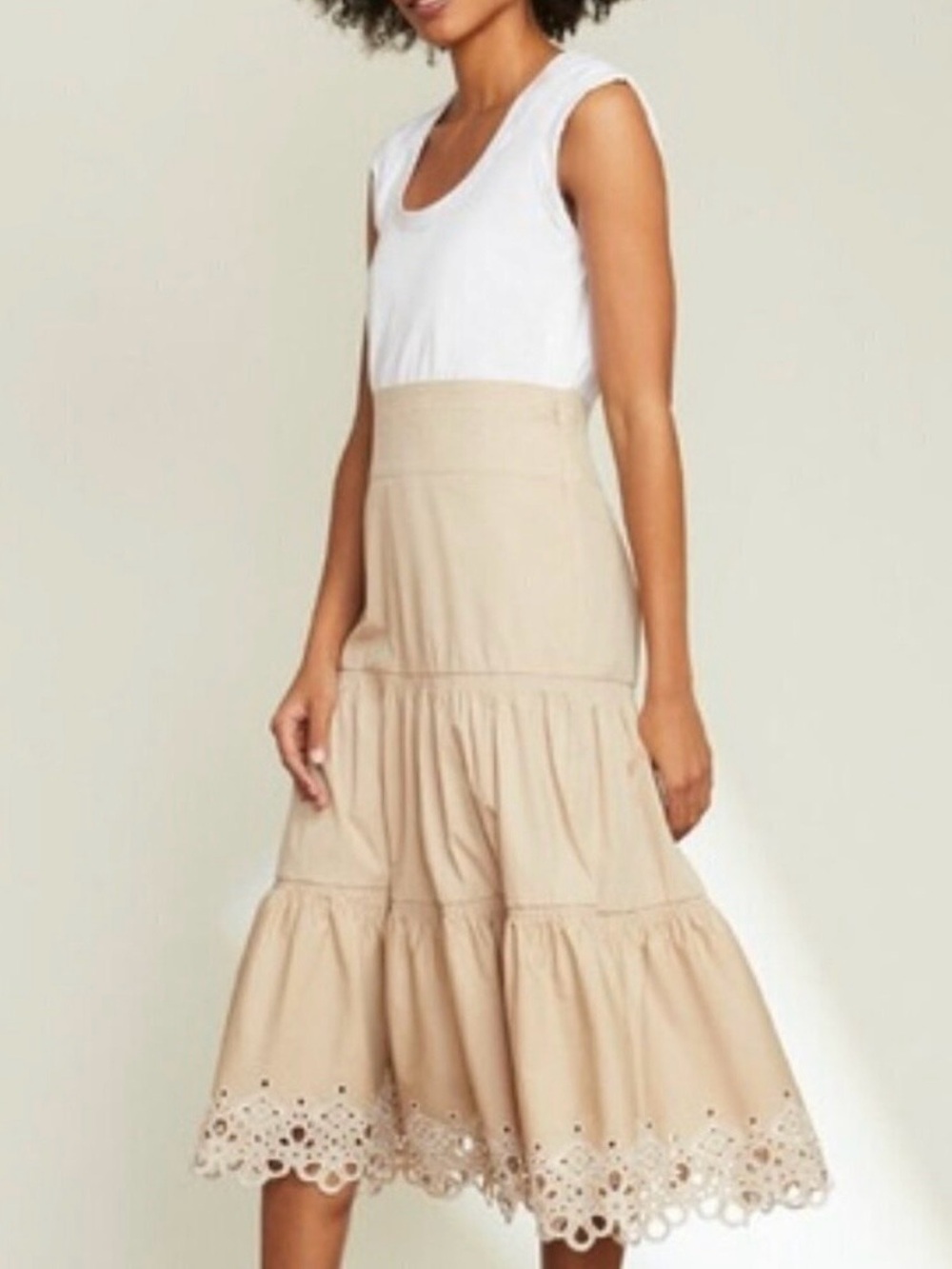 Veronica Beard Cream Tiered Eyelet-Hem Midi Dress